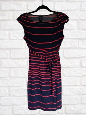Enfocus Studio Navy and Coral Striped Tie-Waist Midi Dress professional or fun